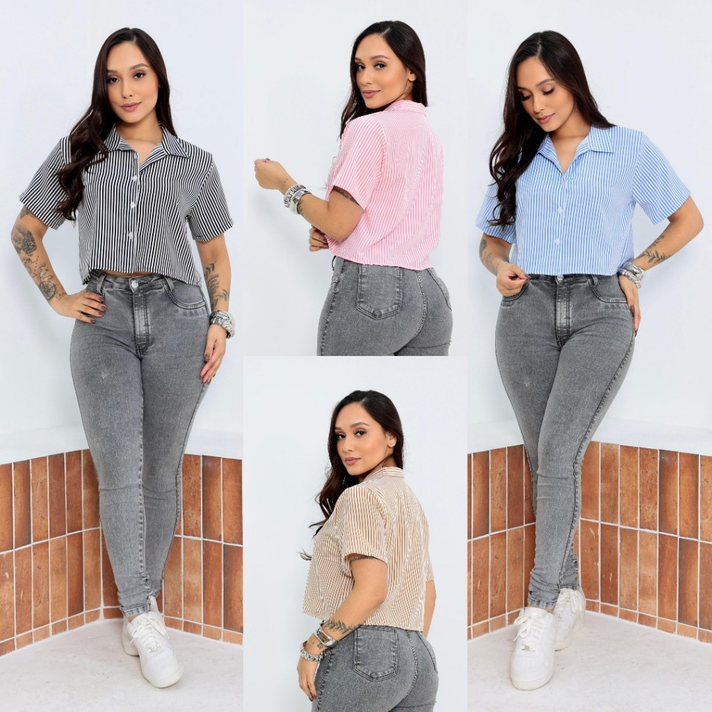 BLUSA CAMISA FEMININA MANGA CURTA LISTRDA COM BOTÕES 14 em Oferta na Shopee