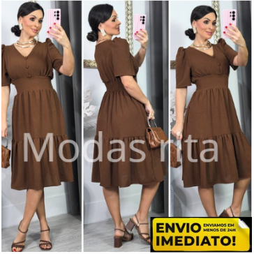 Vestido femenino midi moda evangelica com babado e decote en V em Oferta na Shopee