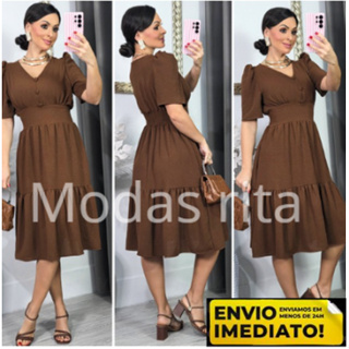 Vestido femenino midi moda evangelica com babado e decote en V em Oferta na Shopee
