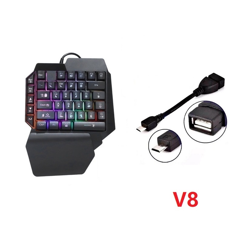 Kit Teclado de Uma Mão Rgb Led Para Celular Com Cabo  Otg Micro Usb, Tipo C, iPhone Gamer Jogos