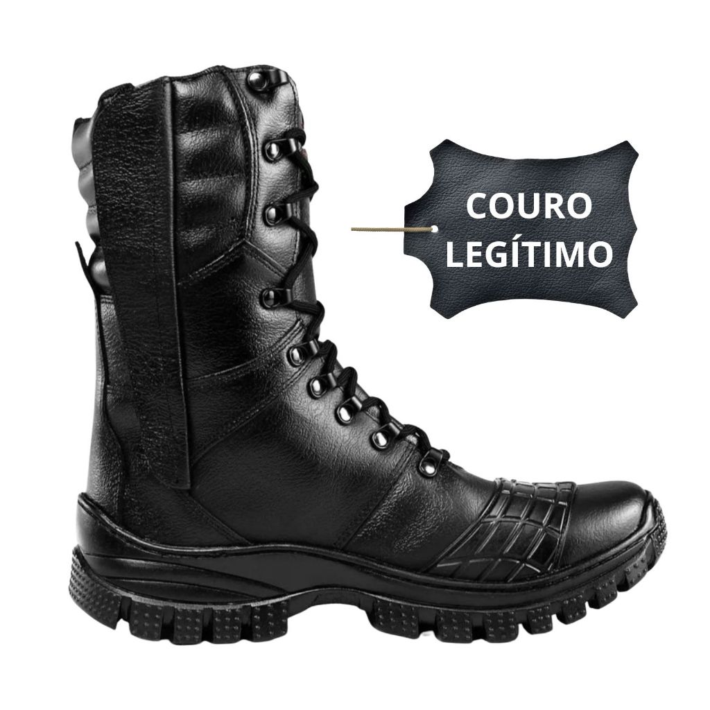 Coturno Militar Bota Tática Zíper Leve 4092 Couro Legítimo Motoqueiro Bope Rocam