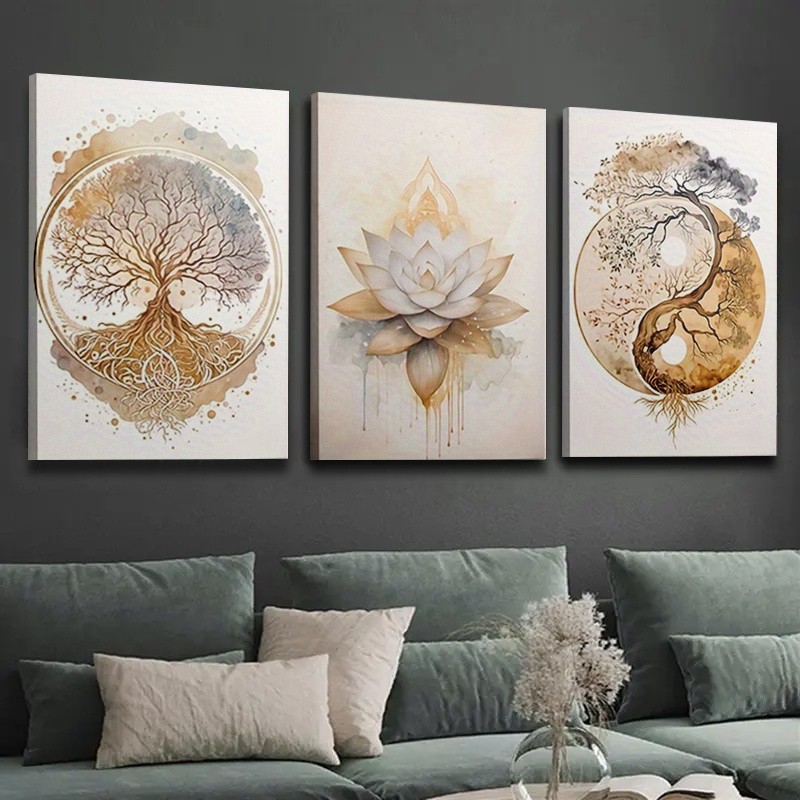 Imagem Quadro Decorativo Árvore da Vida Yin Yang Flor de Lótus Espiritual Zen Arte Parede 3 Peças