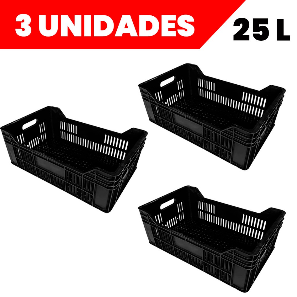 3 Caixa Plástica Empilhável Hortifruti Organizadora Vazada Resistente 25 Litros Reforçada Frutas em Oferta na Shopee
