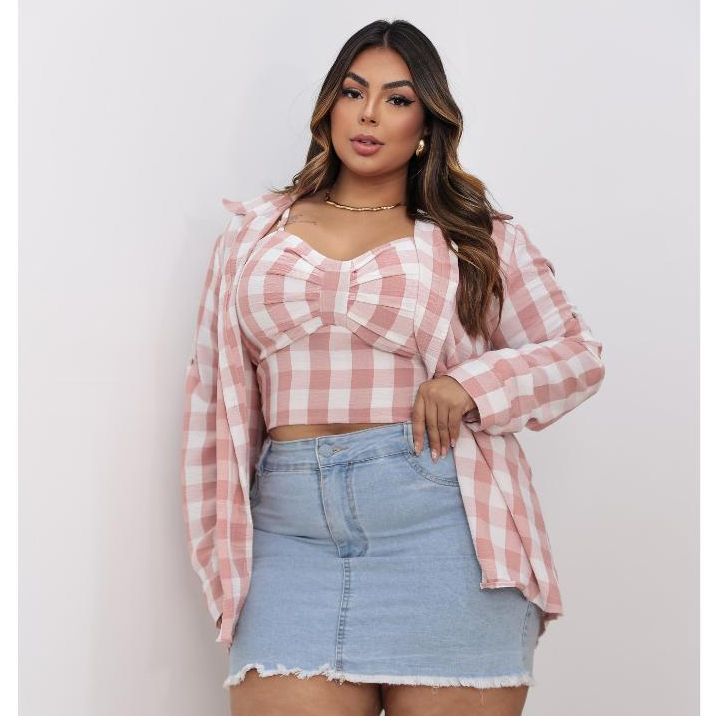 Conjunto Femenino Camisa Chemise Xadrez Quadriculado Cropeed Bojo Lastex G1, G2, G3 Slim ou Pluszise
