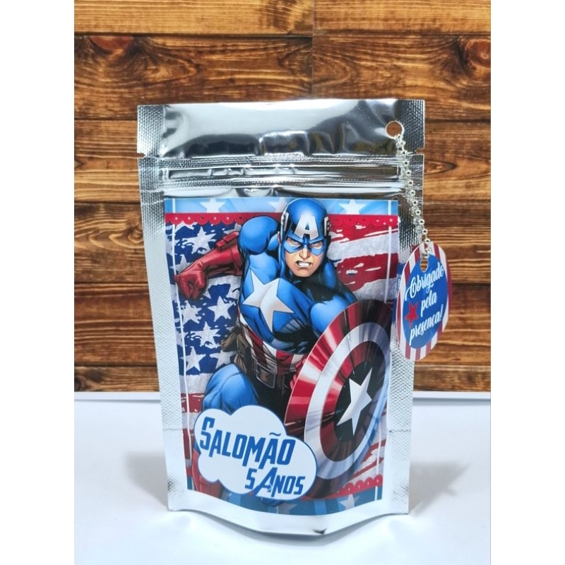 Saquinho Metalizado Personalizado Capitao América Lembrancinha|Com Tag Personalizada|Saquinho para Doces,Festa Infantil