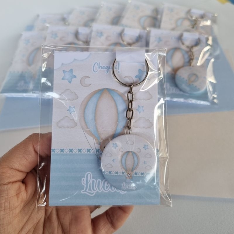 kit Lembrancinha Maternidade Ursinho Baloeiro Teddy Azul Bloquinho + Chaveiro Personalizado Nome do bebê Nascimento