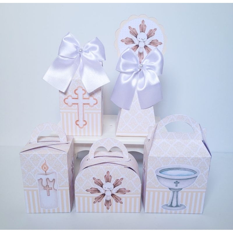Kit Festa Personalizados Batizado Branco Desmontada Caixinha Lembrancinha Batismo Bege Neutro Luxo Menino Eucaristia
