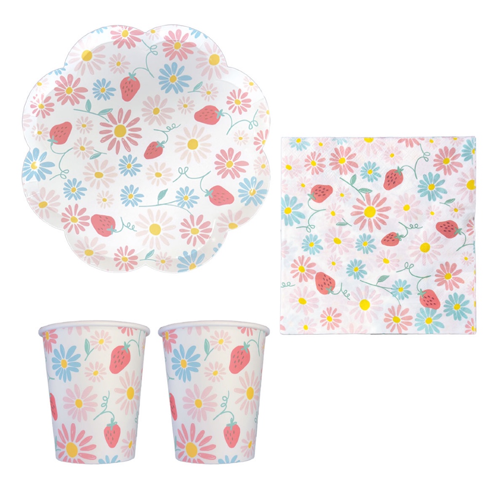 Kit Festa Margaridas com Morangos 16 Copos 16 Pratos 20 Guardanapos em Oferta na Shopee