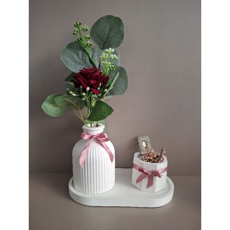 kit vaso decorativo acompanha planta artificial + vaso porta joias+ bandeja