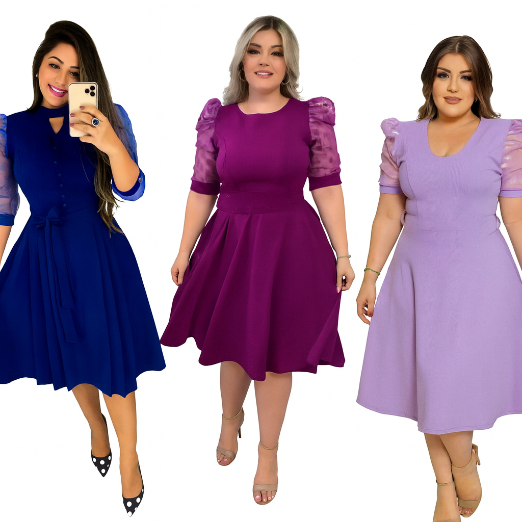 Vestido Moda Evangélica Gospel Godê Rodado Plus Size Com Tule nas  Mangas de Bolinhas Poá Azul Evasê Modelo Princesinha