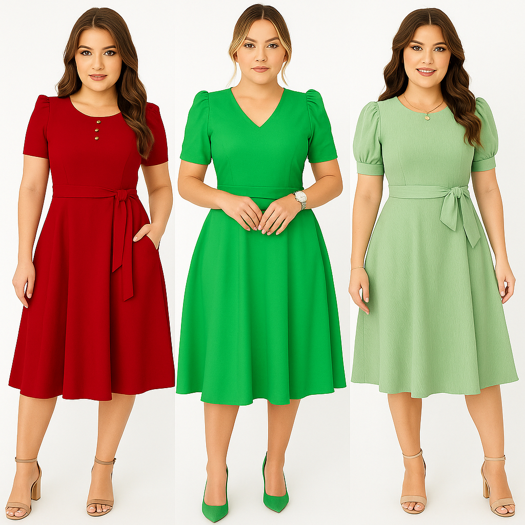 Vestido Midi Plus Size Tamanho Grande Tendencia Curve Festa Luxo Evangélico Cinto Manga Princesa Verde Pastel Bandeira