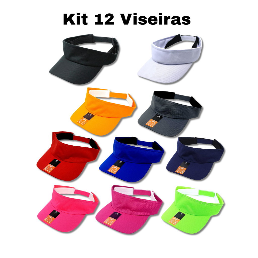 Kit 12 Viseiras Lisa Dry Fit com Proteção UV Praia Corrida Caminhada Ajustável Boné Esporte Masculina e Feminino