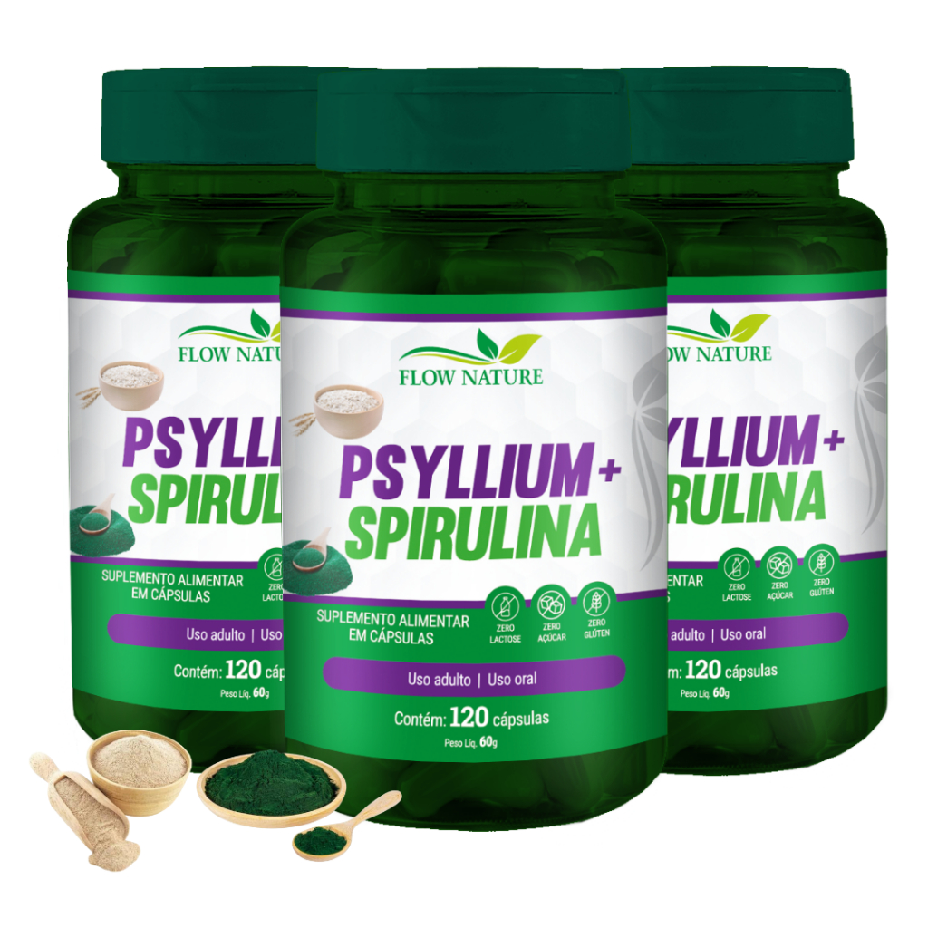 Psyllium Com Spirulina 120 Cápsulas de 500mg - Flow Nature - Kits 1, 2 e 3 Frascos em Oferta na Shopee