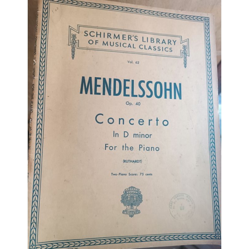 Partitura Antiga Mendelssohn Op. 40 Concerto In D Minor For The Piano