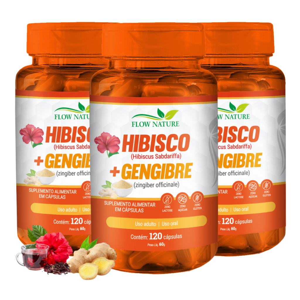 Hibisco Com Gengibre 120 Cápsulas de 120mg - Flow Nature - Kits 1, 2 e 3 Potes em Oferta na Shopee
