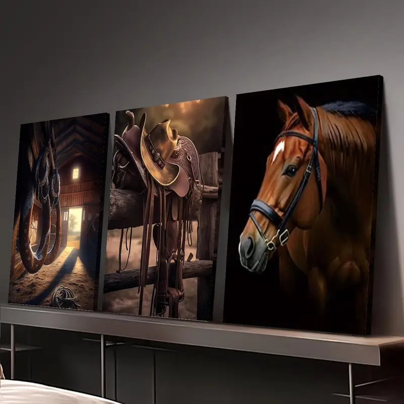 Kit 3 Quadros Decorativos Country Cavalo Marrom, Sela e Ferraduras | Estilo Rústico Cowboy em Oferta na Shopee