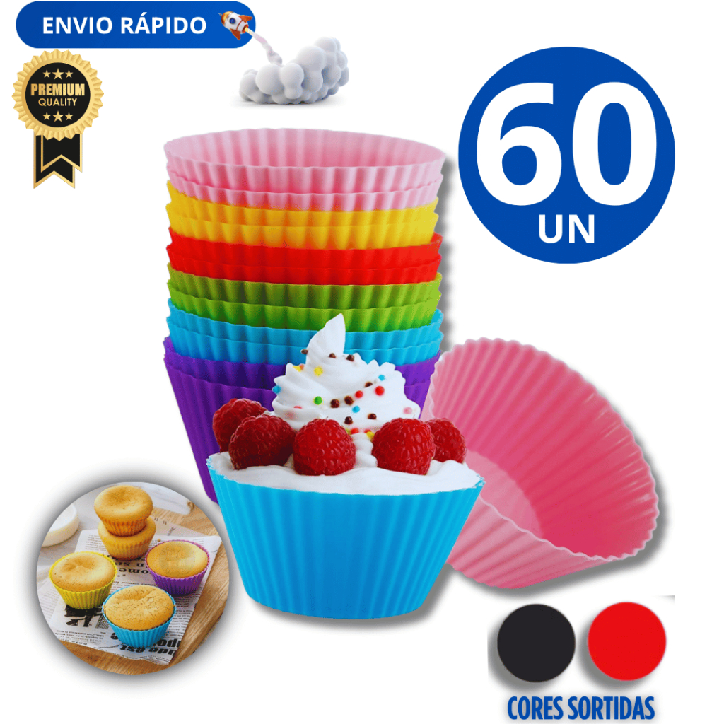 Conjunto Silicone  60 Forminha Forma Para Cupcake Bolo 6,5X3X4,5 CM Empada Confeiraria Doceria Restaurante Qualidade