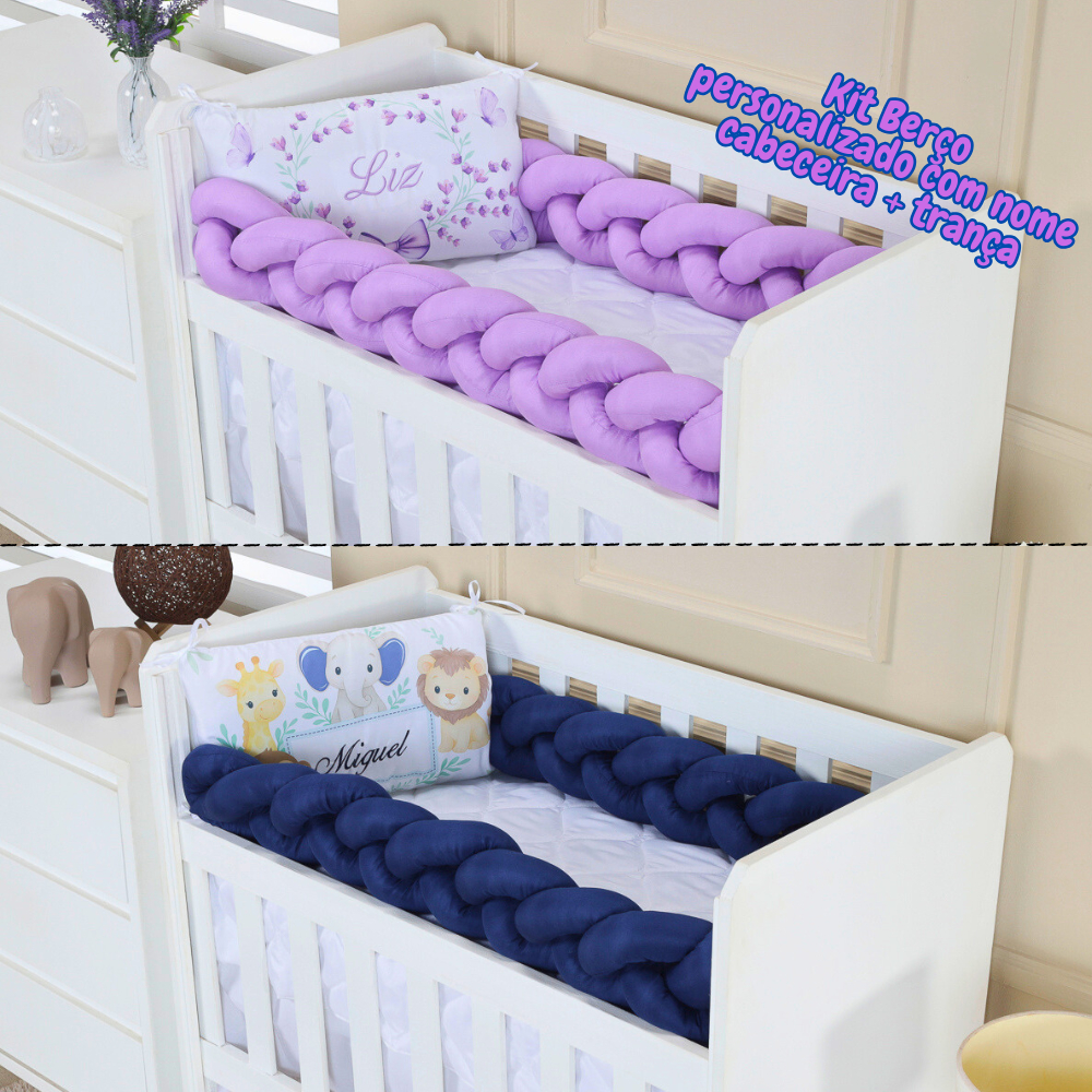 Kit Berço com nome bordado Padrão Americano ou Mini berço Cabeceira + trança Enviar nome no chat