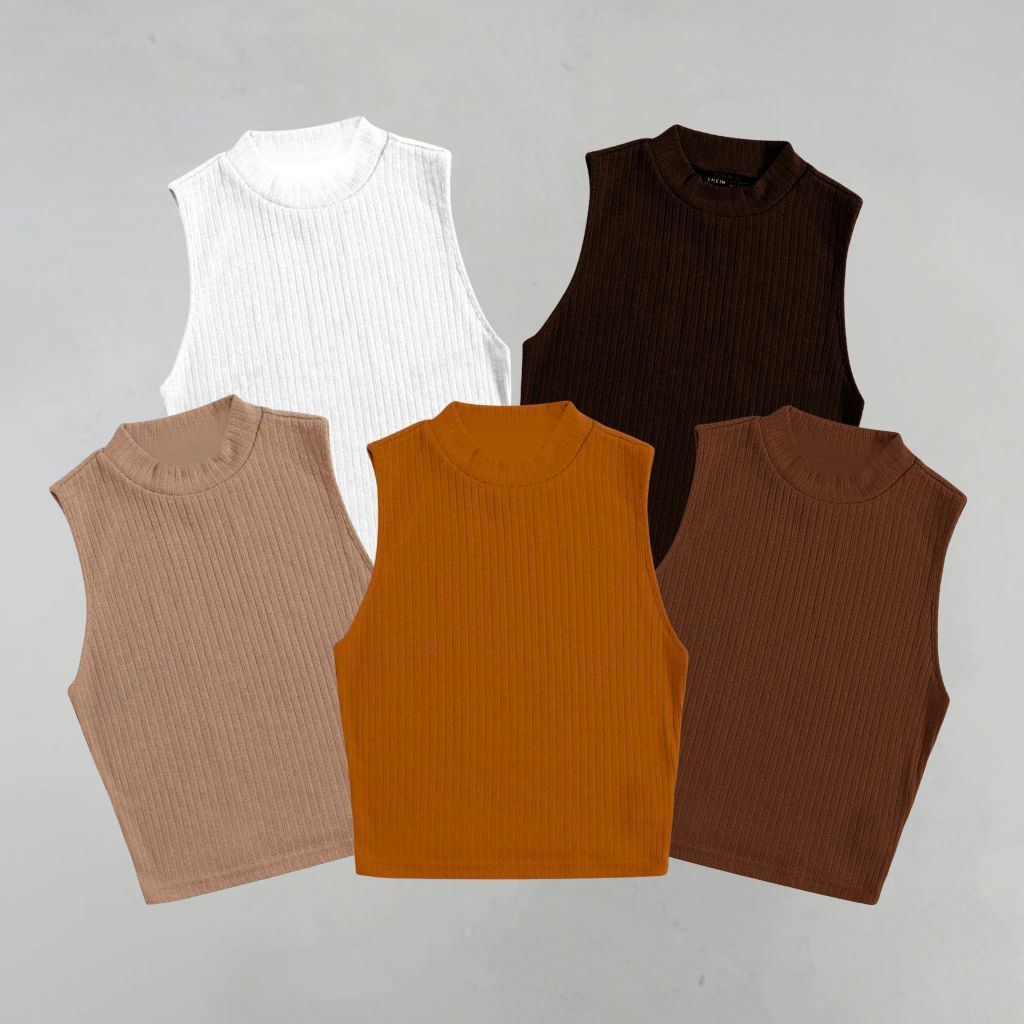 Kit 5 Croppeds Canelados de Gola Canelado Tons Terrosos Básicos Elegantes Versáteis