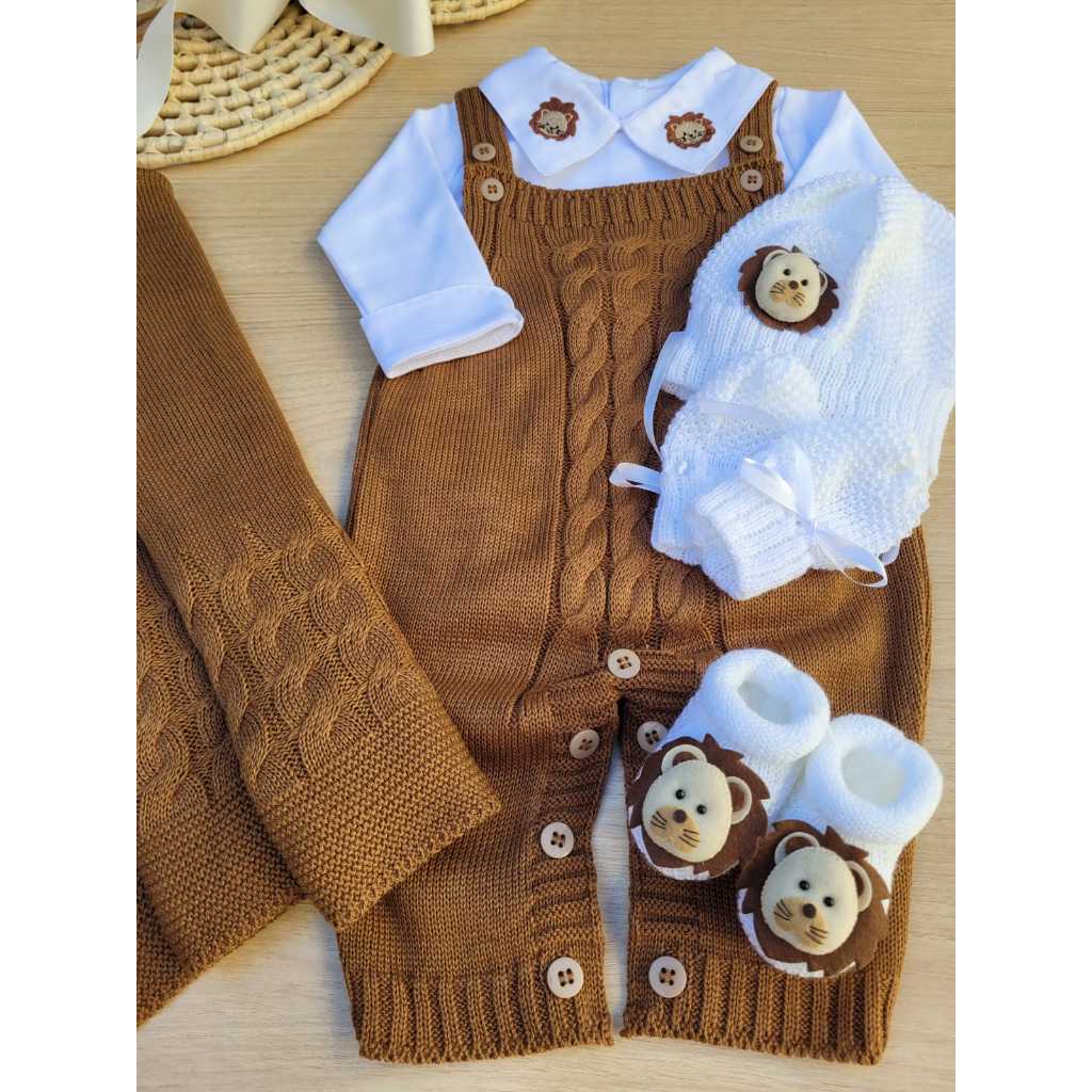 saída de maternidade menino jardineira marrom Tricot kit de leão 6 peças — imagem 2 de 2