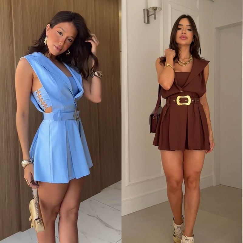 Conjunto Jardineira e top faixa com cinto