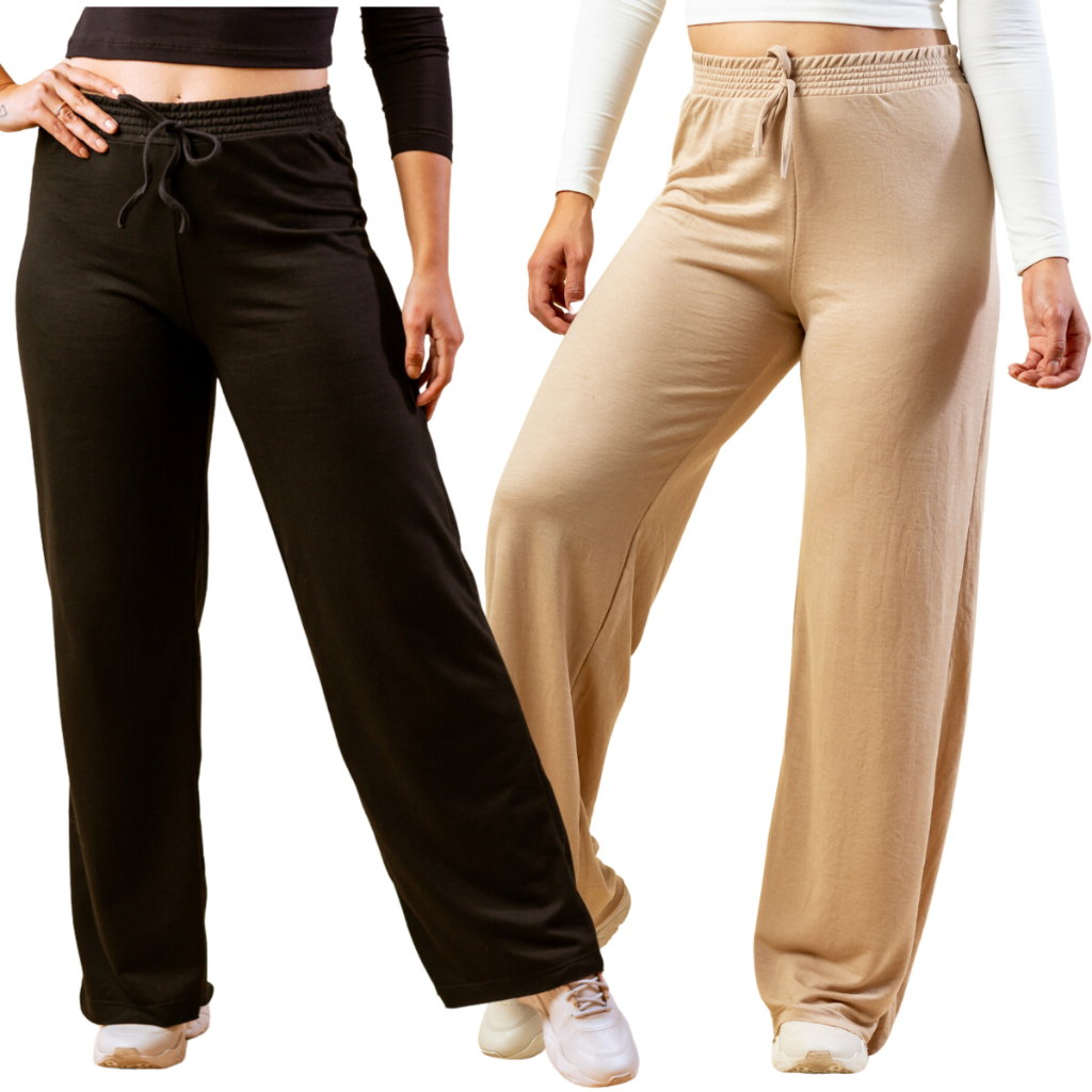 KIT 2 Calça Femenina Moletinho Wide Leg Feminina Moletom Cos Alto Pantalona