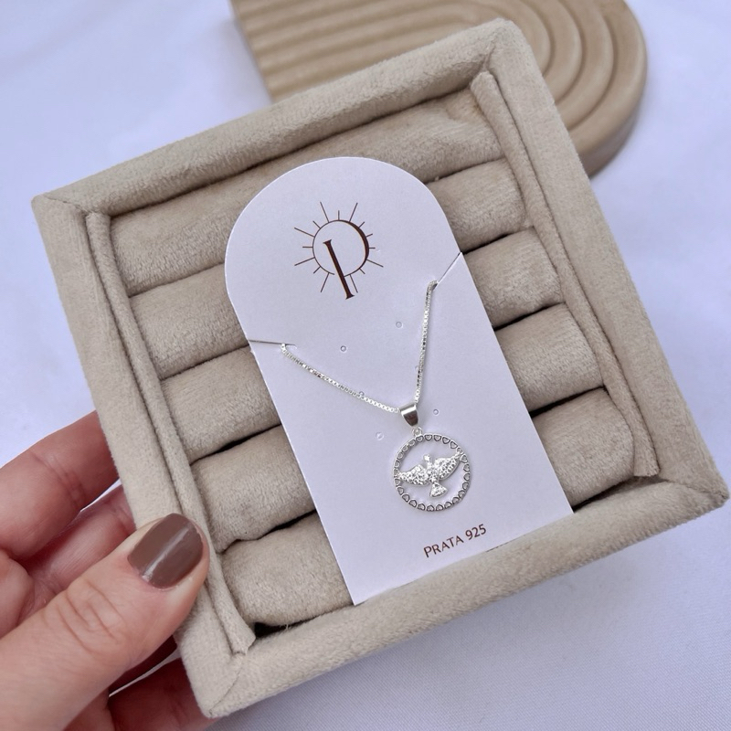 Colar de Prata Medalha Divino Espírito Santo Cravejado Prata 925