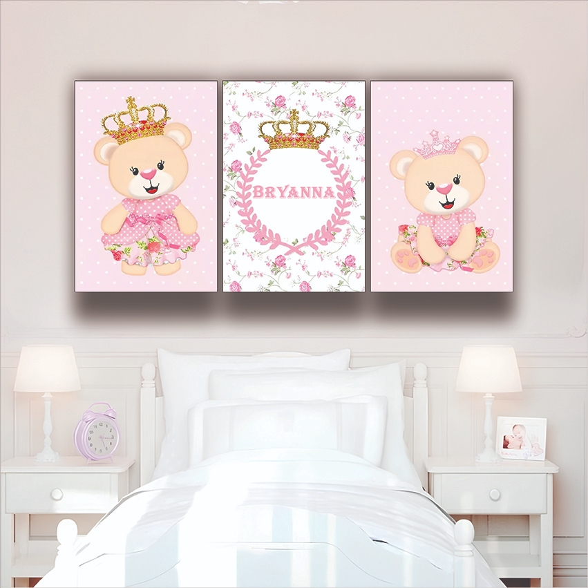 Quadros decorativos Ursa Ursinha Rosa princesa Com o nome linda 4k Enxoval de bebê