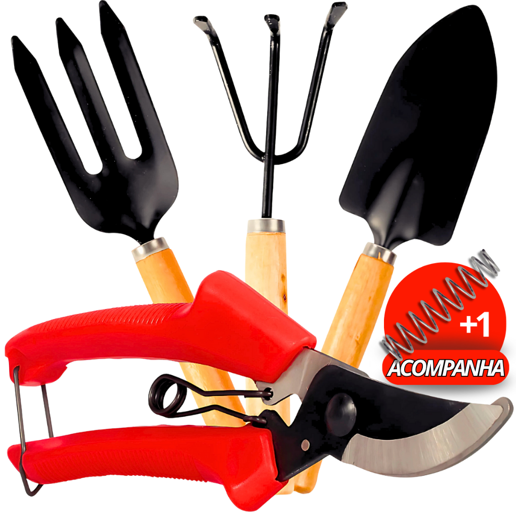 Kit Jardinagem 4 Peças Grande Aço Madeira - Tesoura Poda Pazinha Ancinho e Rastelo Jardim e Horta