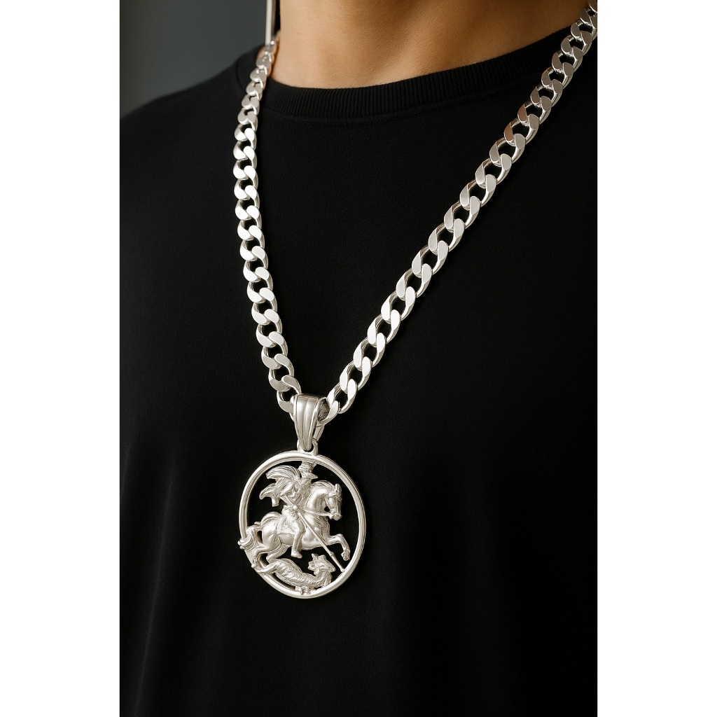 CORRENTE DE PRATA 10MM GROSSA CORDAO PRATA MASCULINO COLAR CORDA PRATA MISTA70CM COM PINGENTE SAO JORGE FOLHEADO