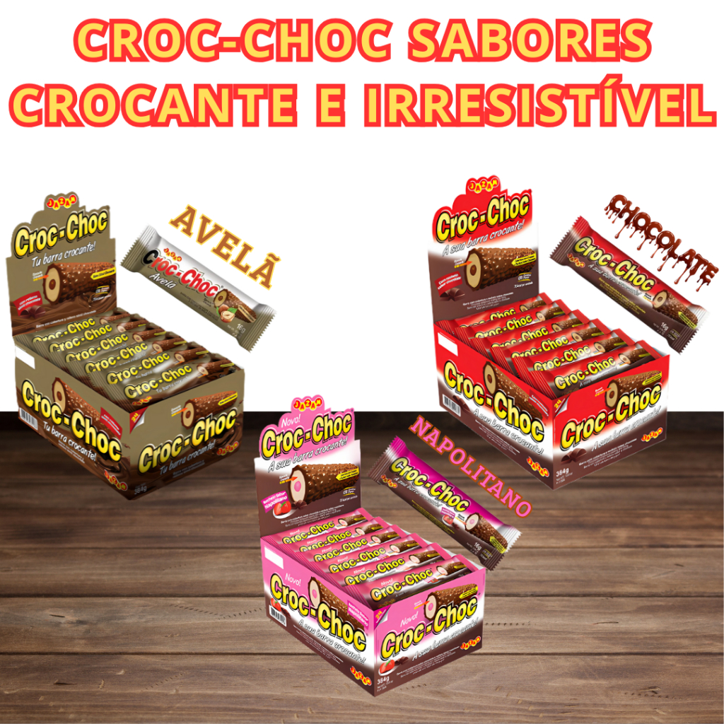 Croc Choc Jazam 24x16g – Wafer Recheado Chocolate, Avelã e Napolitano | Doce para Lanche