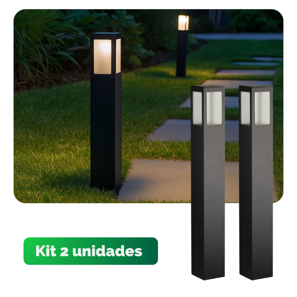 Kit 2 Poste Jardim 50cm Balizador Externo Piso Chão Garten Bocal E27 Preto Fosco Alumínio Bivolt