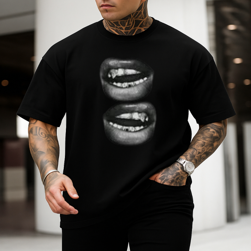 Camiseta t-shirt masculina preta branca 100% algodão camisa streetwear estampada boca dente manga curta gola redonda