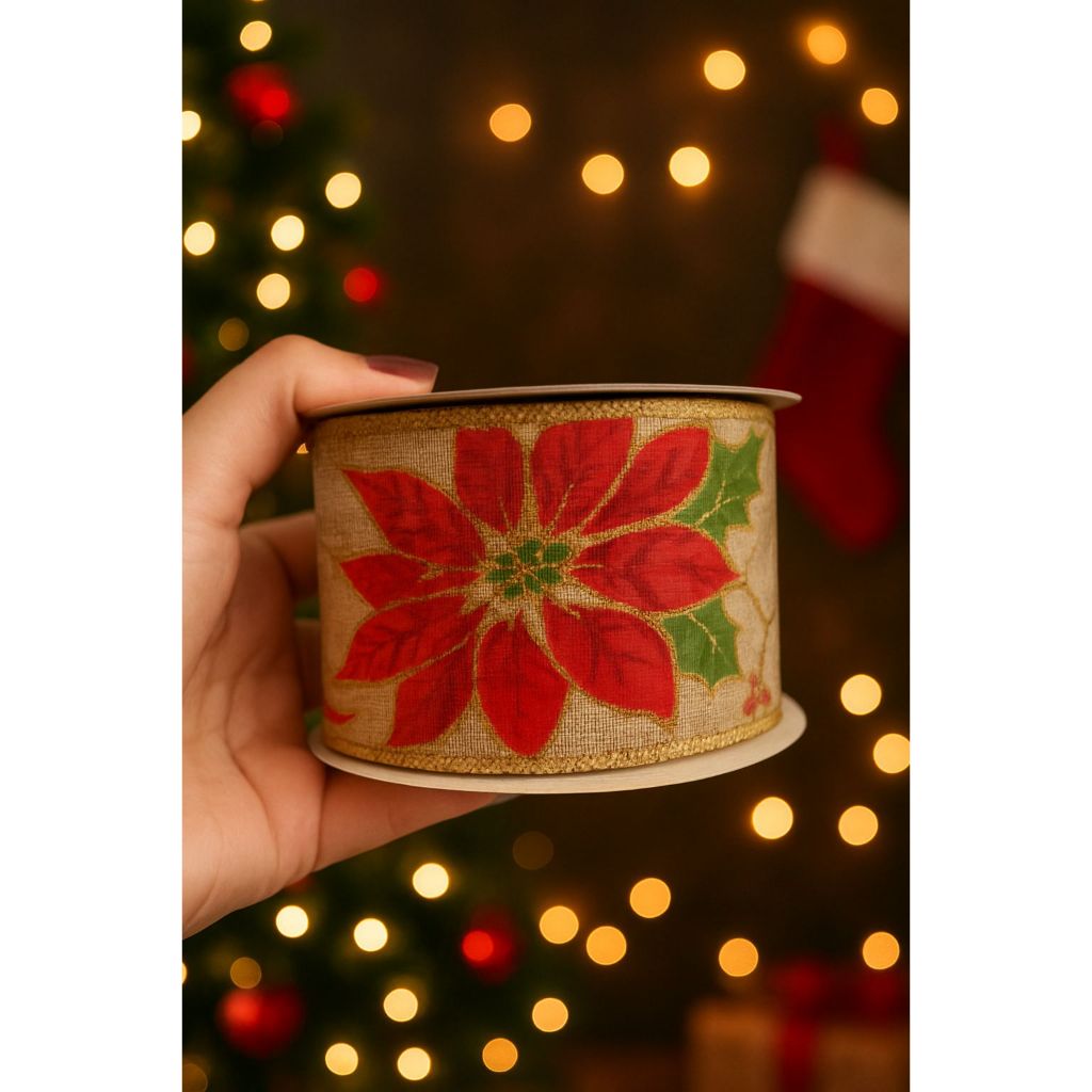 Fita Natalina Aramada para laço de arvore de natal 70mm rolo 10y