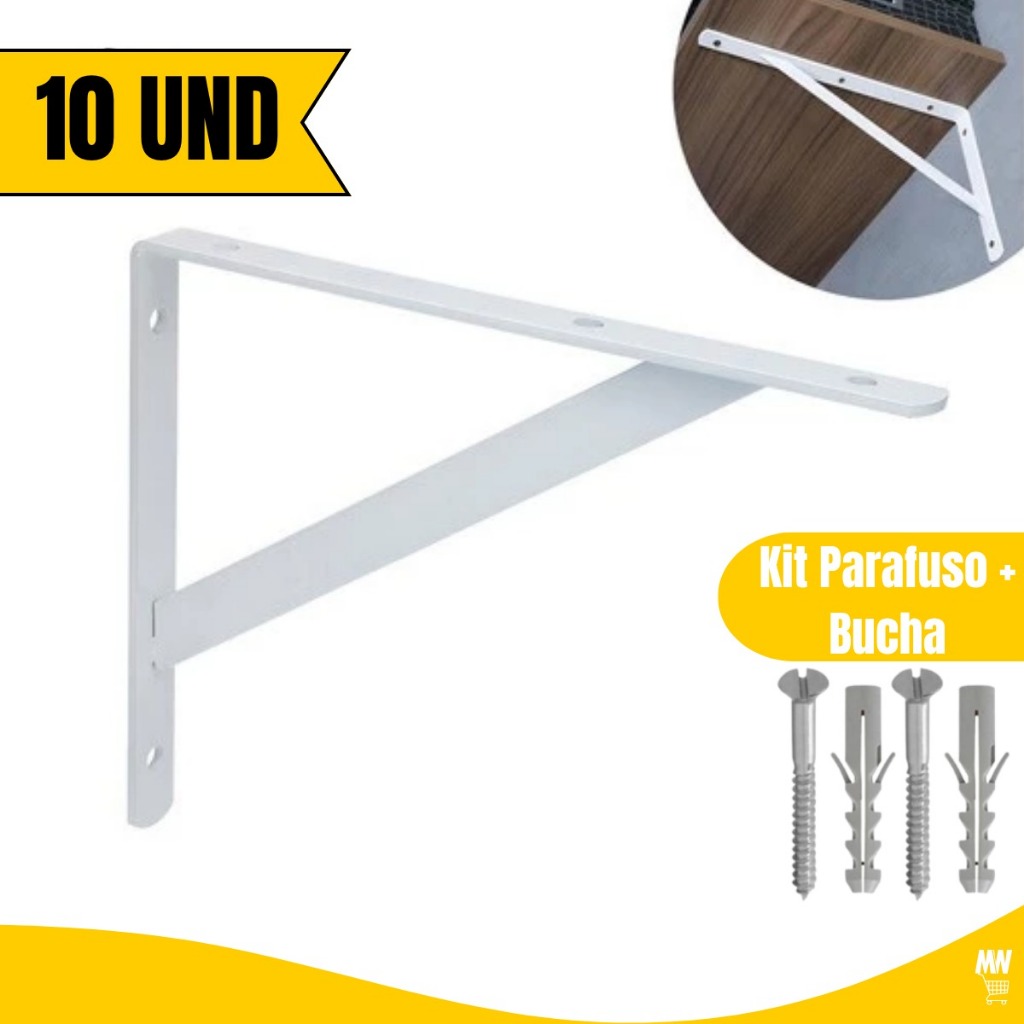 Kit Com 10 Suportes 19 cm com Mão Francesa para Prateleira Cor Branca Parafuso + Bucha Imediato BP