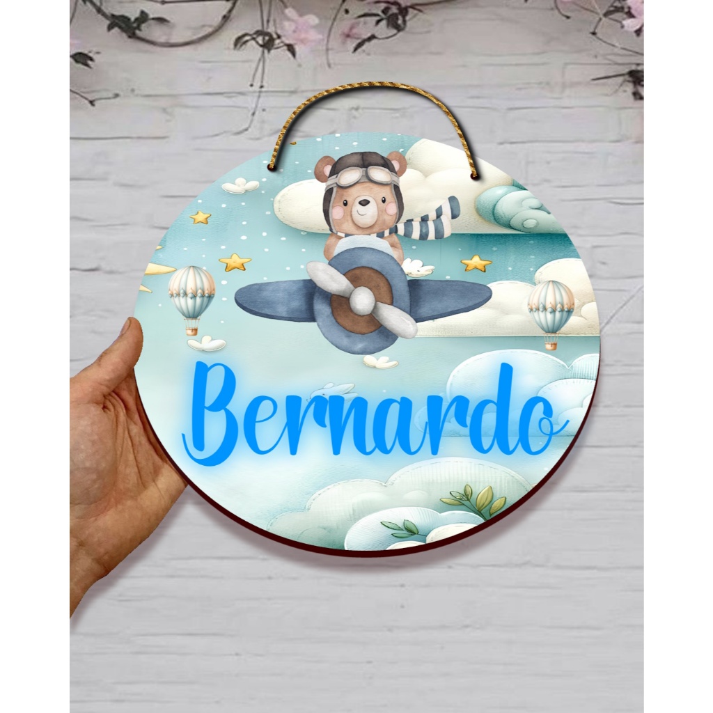 Ursinho aviador , Enfeite Porta Maternidade Nome Personalizado Flâmula Redonda