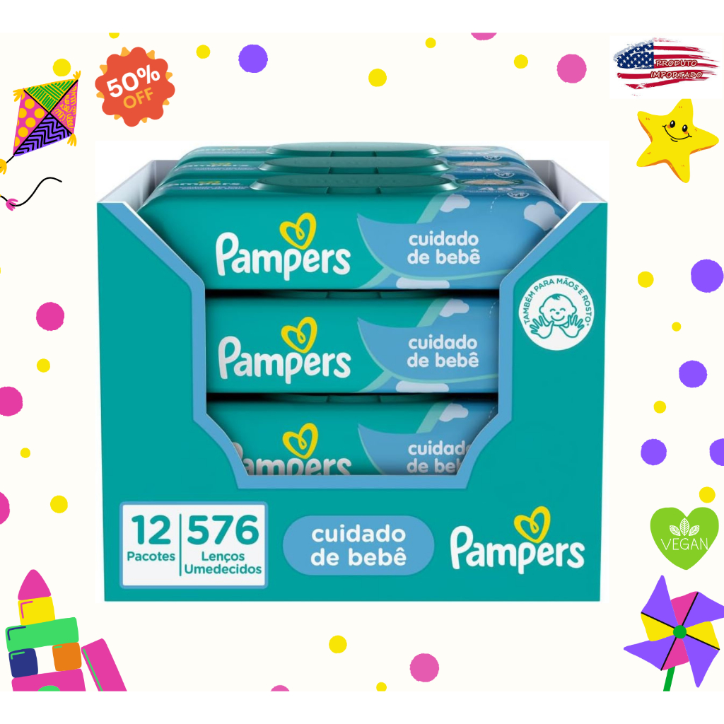 Lenços Umedecidos Pampers Cuidado de Bebê – 576 Unidades | Toque Suave e Proteção Diária