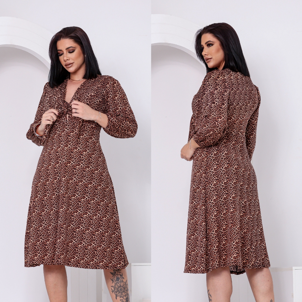 Vestido Midi Feminino Animal Print Onça Estampado Oncinha Manga Longa Decote com Laço Moda Fashion