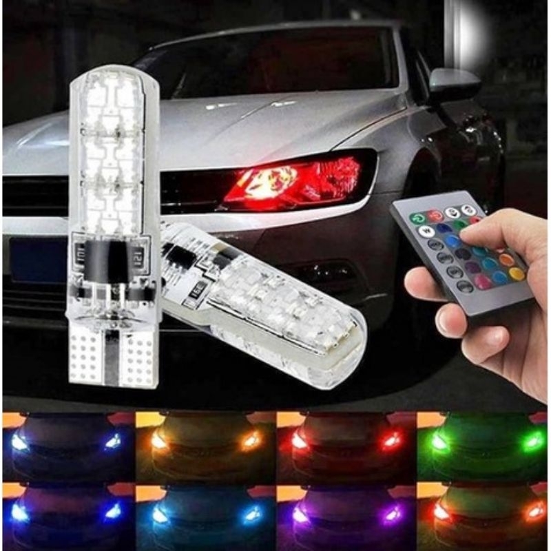 Kit 2 Lâmpadas LED T10 RGB 16 Cores com Controle Remoto Farolete Meia Luz Canbus 12V
