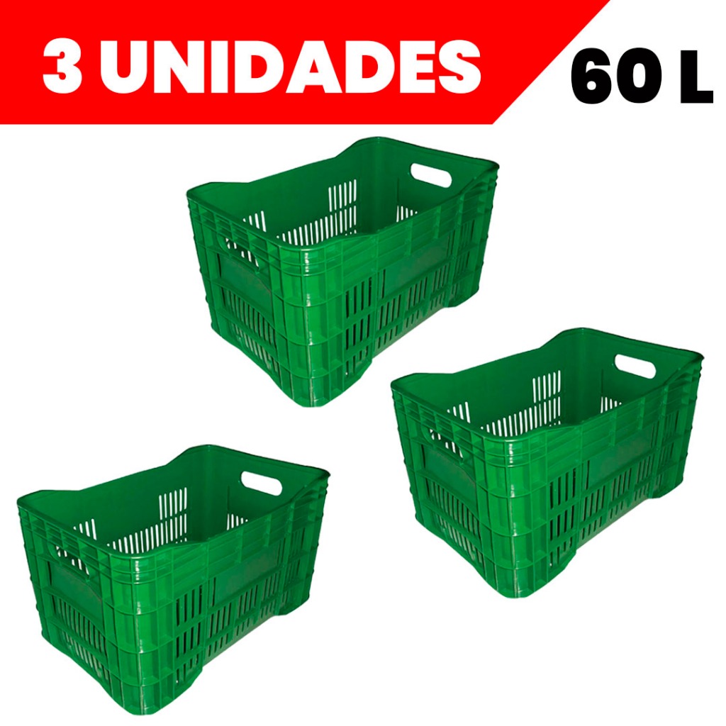 Kit 3 Caixa Plástica 60 Litros Agrícola Hortifruti Organizador Multiuso Branca Verde Preta em Oferta na Shopee