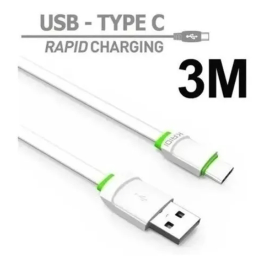 Kaidi Cabo Reforçado Usb-c Longo 3 Metros Carrega Rápido Cor Branco