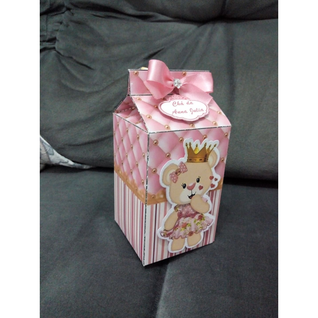 Kit pegue e monte 10 lembrancinhas caixa milk 3D personalizadas - Ursinha princesa