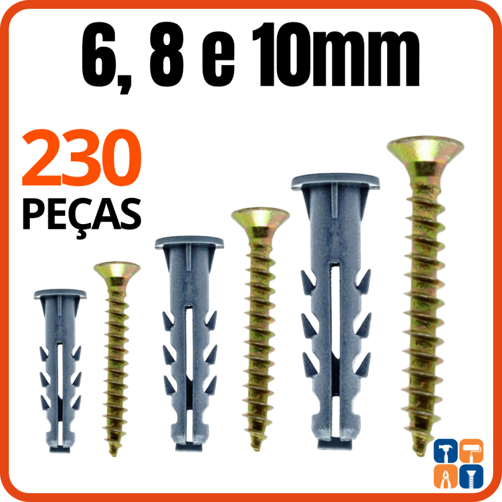 Parafuso e Bucha 6 8 10 Fixação com Anel Kit Bucha 6mm 8mm 10mm Parafuso Philips e Buchas P Parede