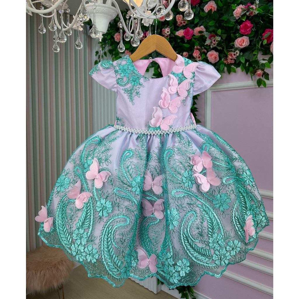 Vestido Infantil Rosa e Verde Tiffany Aniversário Festa Casamento Daminha Borboletas Luxo 1 ao 4