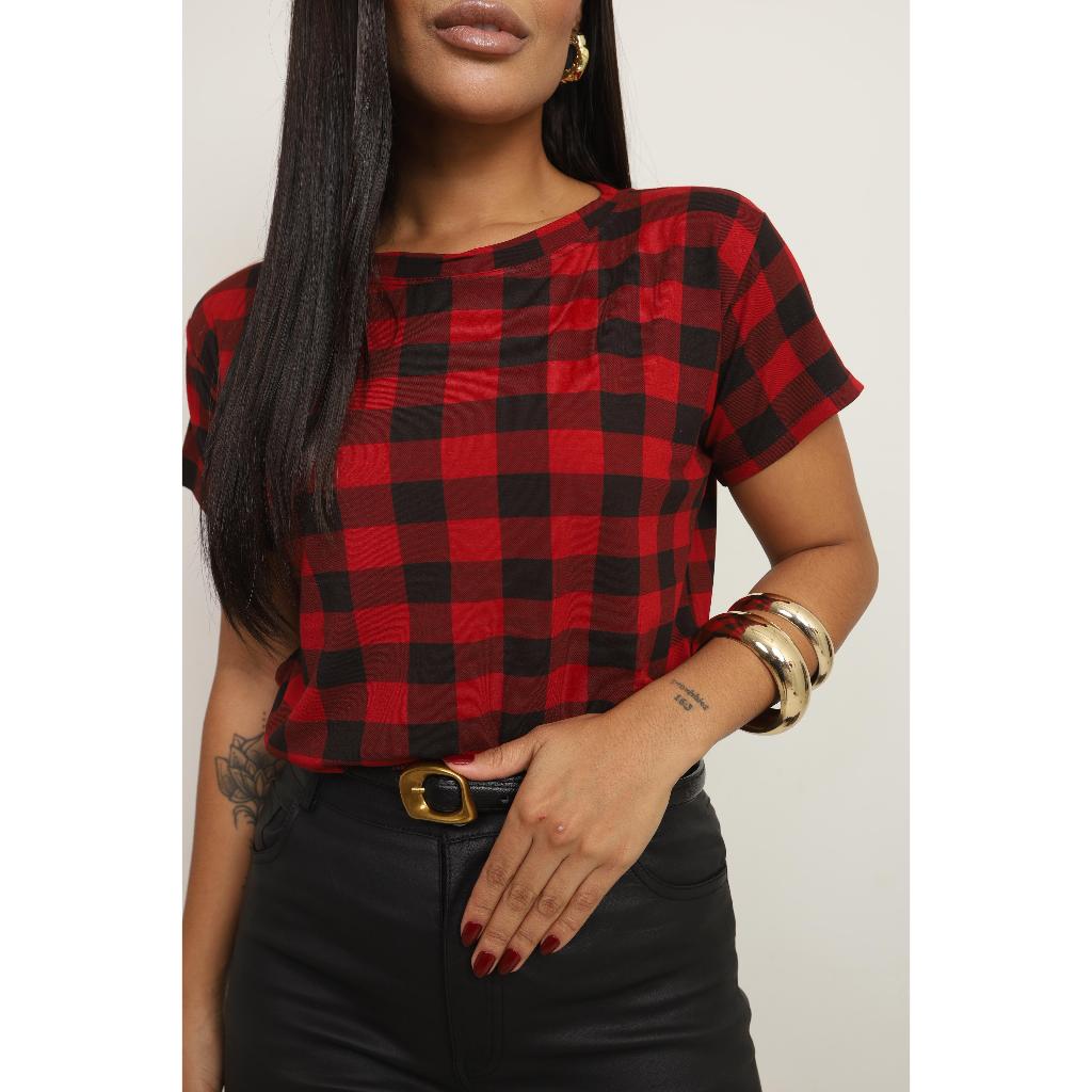 Camiseta Xadrez Feminina Manga Curta Blusa T-shirt Quadriculada São João em Oferta na Shopee