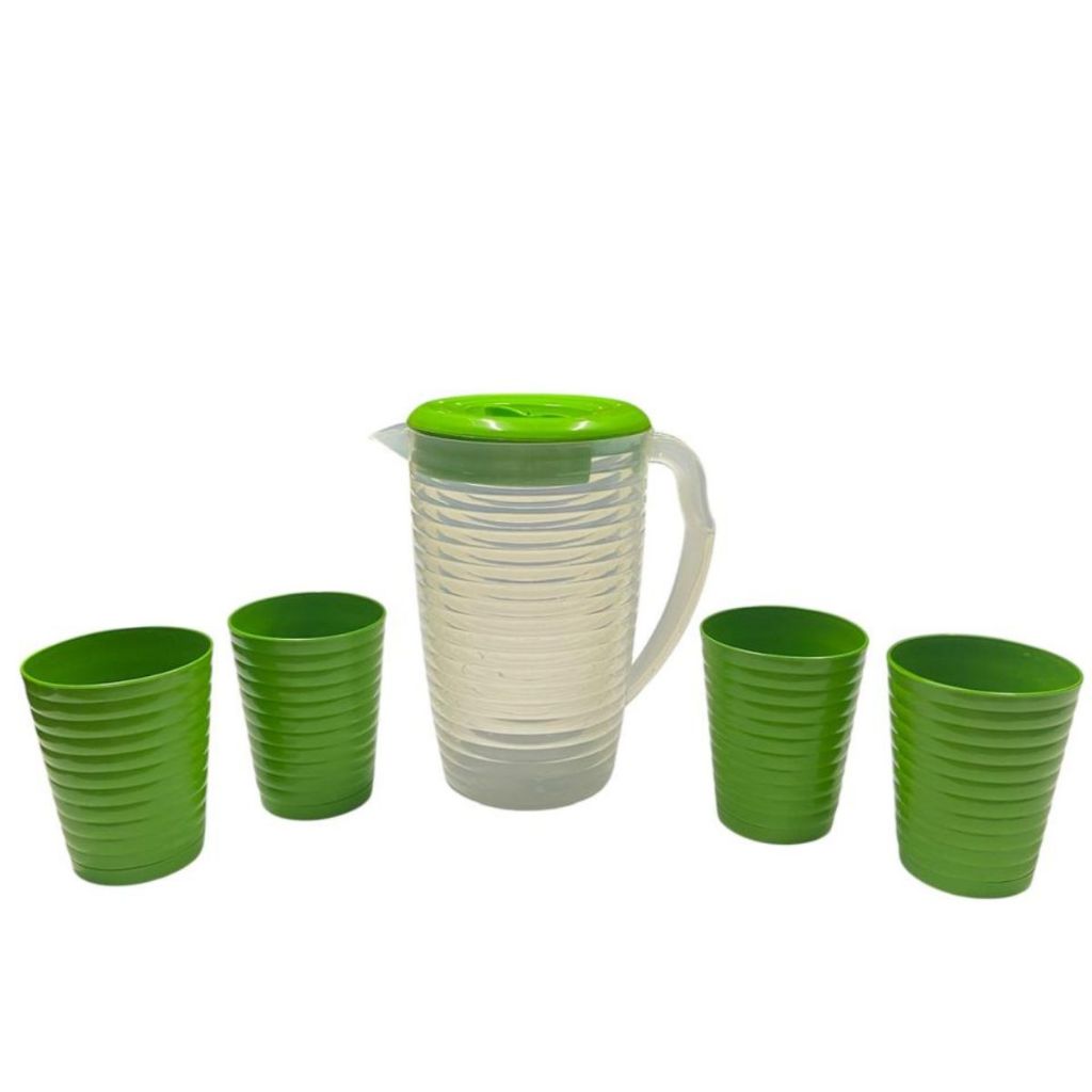 Kit 5 Peças Com Jarra 2 Litros e 4 Copos De Plástico Verde Para Cozinha Presente Enxoval Casamento Casa Decoração