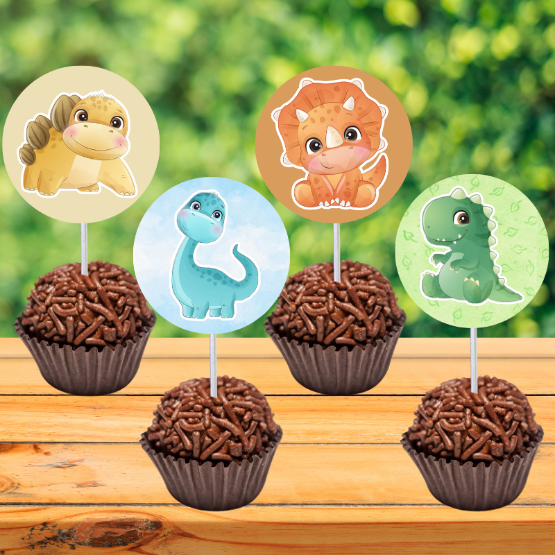 kit 30 a 60 Topo de Docinhos Cupcake - DINOSSAURO DINO BABY - Topper Tag Brigadeiro - Festa de aniversário mesversário