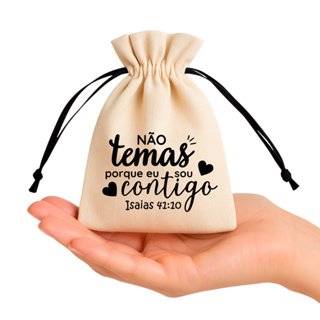 Kit Saquinhos em algodão Crú Frase versiculo evangelico Biblia "Não Temas pois estou contigo" - Tecido Ecológico em Oferta na Shopee