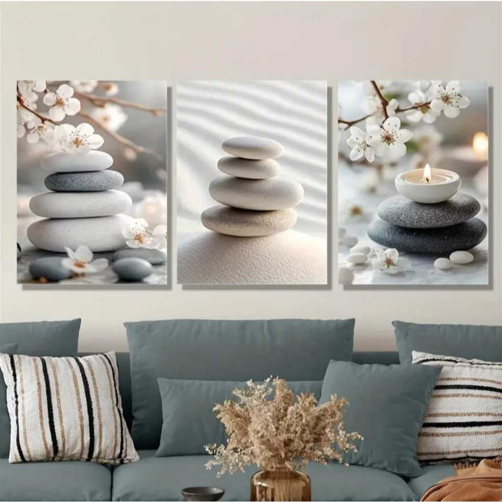 Imagem Kit 3 Quadros Zen Pedras Equilíbrio Velas Cerejeira Relaxante Moderno Decorativo Sala Quarto