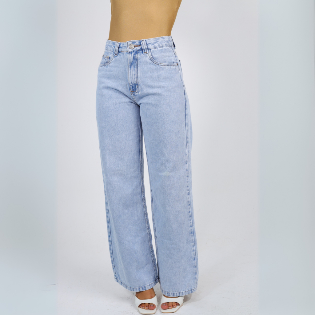 Calça Jeans Feminina Wide Leg Cintura Alta com Bolsos Traseiros Estilo Casual Moderno e Caimento Perfeito